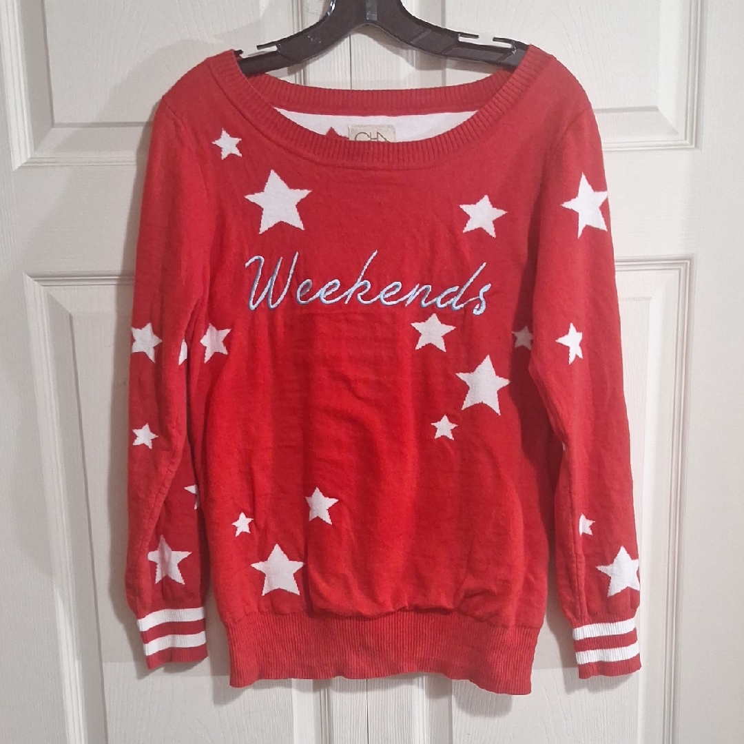Chaser Crew-Neck Sweater - Intarsia Stars Embroidered "Weekends" - M